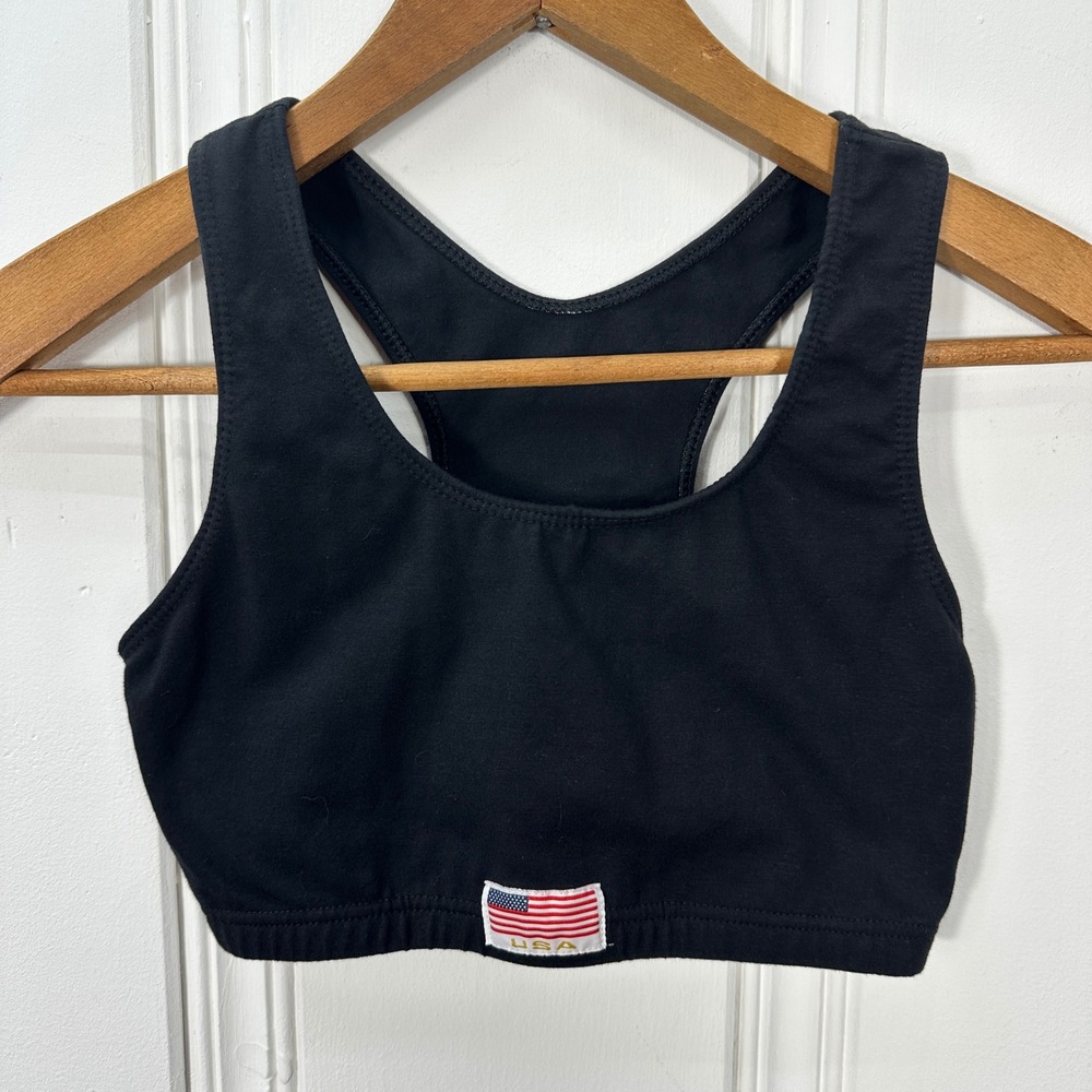 Vintage 90s USA Flag Sports Bra Crop Top M Black Racerback Athletic Y2K